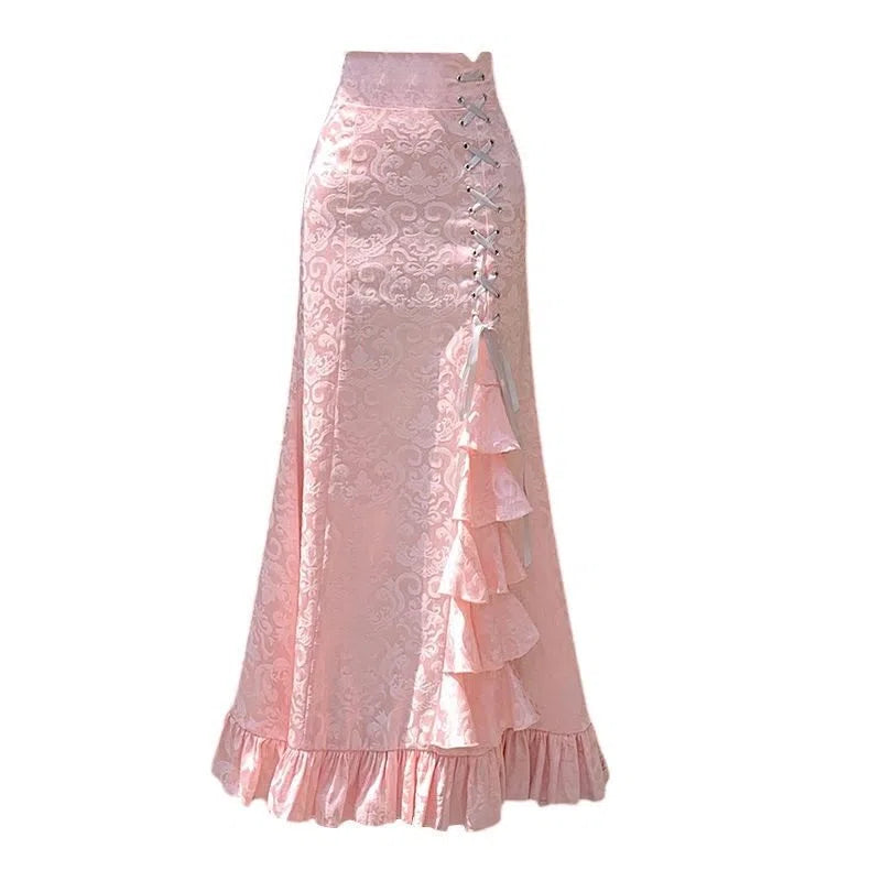 Damen Vintage Jacquard Fischtailskirt zum Schnüren