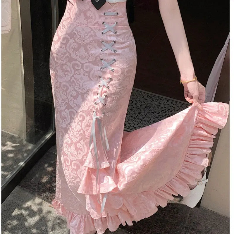 Damen Vintage Jacquard Fischtailskirt zum Schnüren