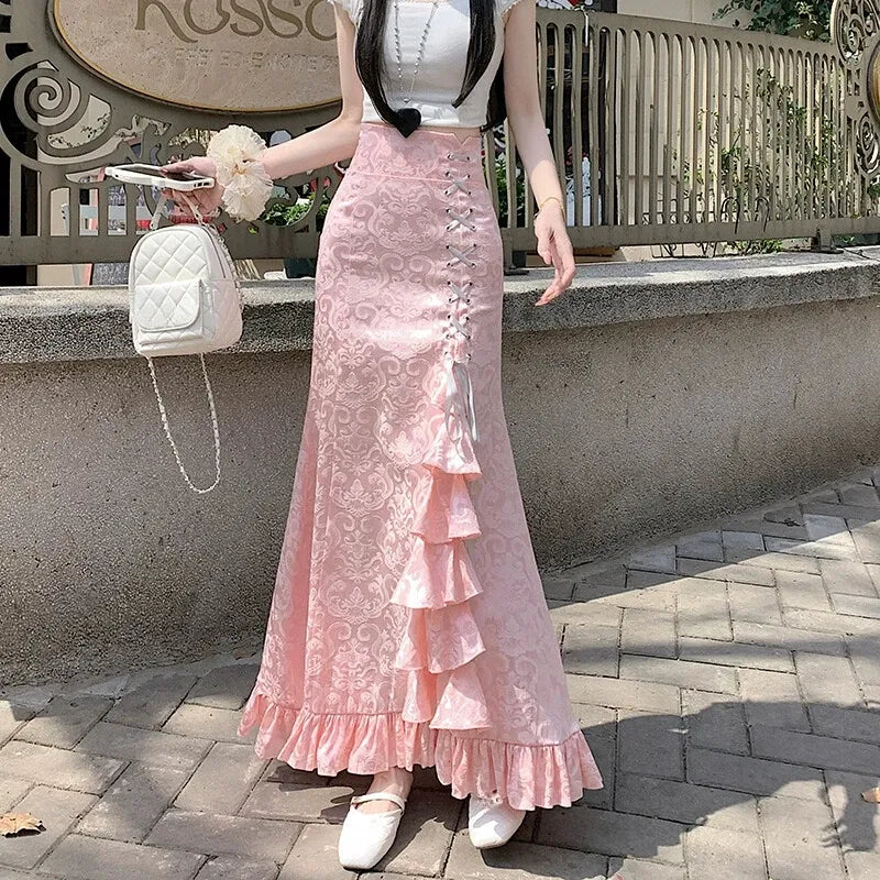 Damen Vintage Jacquard Fischtailskirt zum Schnüren